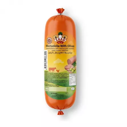Enhanced Zaad Mortadella With Olives 500g labelled sausage held in hand in grocery store