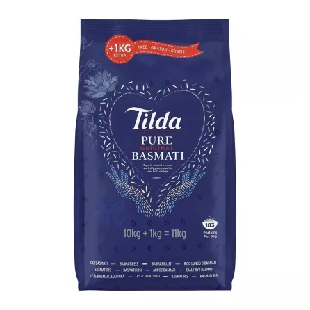 A large 11kg blue bag of Tilda Pure Original Basmati Rice featuring white script text, floral graphics, and a large heart shape on the front.