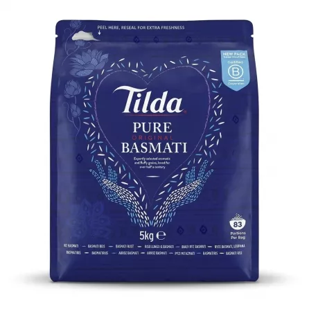 Enhanced Front of Tilda Pure Original Basmati Rice 5kg pack highlighting branding and key product claims