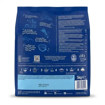 Enhanced Back of Tilda Basmati Rice 5kg pack showing cooking instructions and nutritional information
