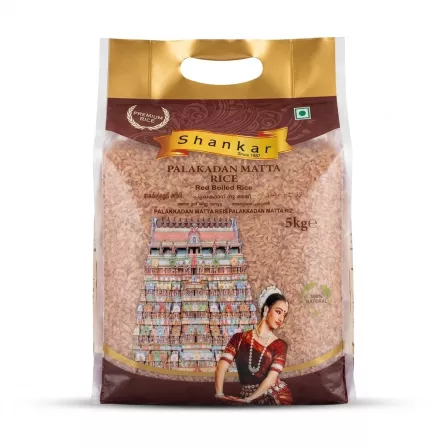 Enhanced Front of Shankar Palakkadan Matta Rice 5kg pack with Indian temple and classical dancer illustration