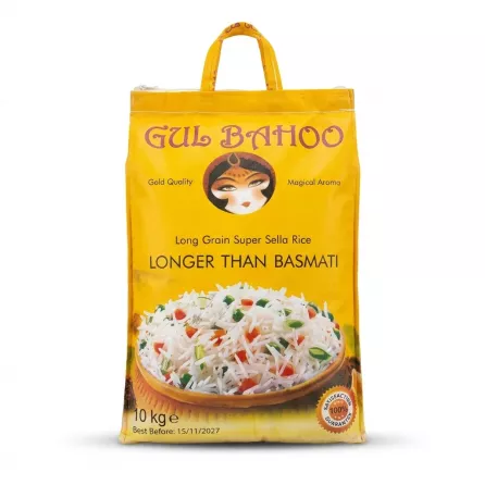 A 10kg yellow sack of Gul Bahoo Long Grain Super Sella Rice, featuring an illustration of a cooked rice dish and the phrase "Longer than Basmati."
