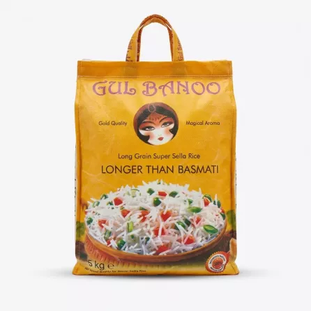 Enhanced Front of Gul Bano Long Grain Super Sella Rice 5kg bag with colourful rice dish