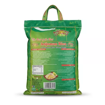 Enhanced Back view of Anjoman 1121 Sella Extra Long Rice 10kg with cooking instructions