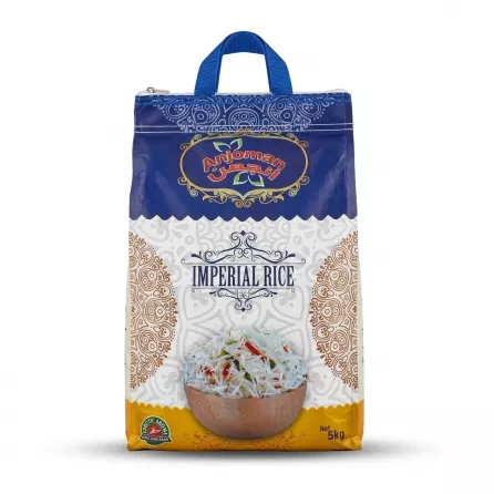 A 5kg bag of Anjoman Imperial Basmati Rice on a white background, featuring the brand's blue and white intricate packaging with an illustration of cooked rice in a bowl.