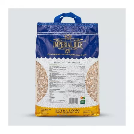 Enhanced Back of Anjoman Imperial Rice 5kg showing cooking instructions and product information