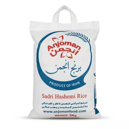 Professional front view product photograph of the 5kg Anjoman Sadri Hashemi Rice woven bag, featuring clear branding and Persian text, against a clean white background.