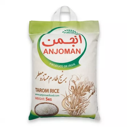Enhanced Top view of Anjoman Tarom Rice 5kg bag with handles, logo, and rice illustration.