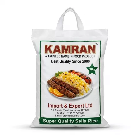 Enhanced Back of Kamran Super Sella Rice 5kg bag featuring brand, dish serving suggestion, and weight info
