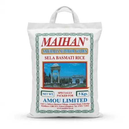 A 5kg bag of Maihan Naturally Superior Golden Sela Basmati Rice in its original white woven packaging with handles, featuring clear product branding, weight, and UK distributor details.