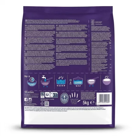 Enhanced Back of Tilda Grand Extra Long Basmati Rice 5kg bag with cooking instructions in multiple languages
