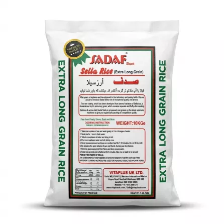 Enhanced Back view of Sadaf Sella Extra Long Grain Rice 10kg bag with instructions