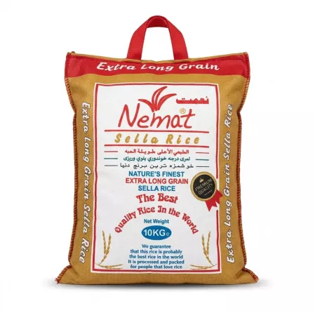 A 10kg burlap-style sack of Nemat Sella Extra Long Grain Rice, centered against a pure white background with soft, even shadowing. The text is crisp and clear, including the brand name and variety in English and Arabic.