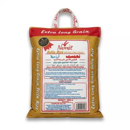 Enhanced Back of Nemat Sella Rice Extra Long Grain 10kg bag with instructions
