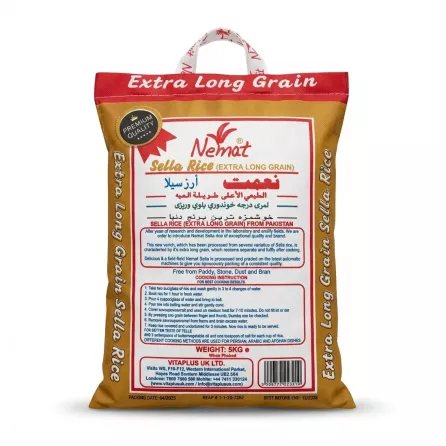 Enhanced Back view of Nemat Sella Rice bag displaying cooking instructions and nutritional information
