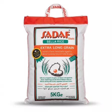 Enhanced Front view of Sadaf Sella Rice Extra Long Grain 5kg bag with prominent branding