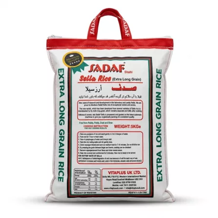 Enhanced Back view of Sadaf Sella Rice Extra Long Grain 5kg bag showing instructions and nutritional info