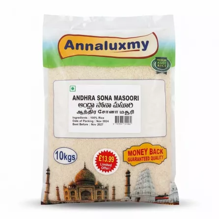 Enhanced Front of Annaluxmy Andhra Sona Masoori Rice 10kg bag showing branding and price