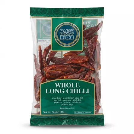 Enhanced Front of Heera Whole Long Chilli 50g pack showing chillies inside