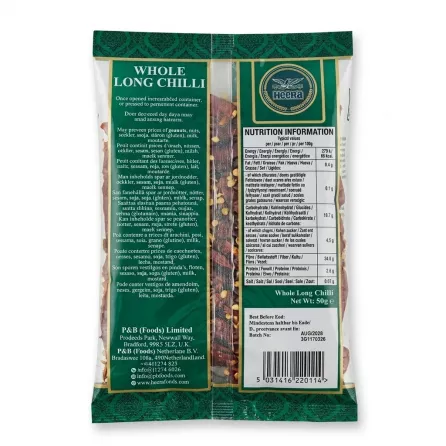 Enhanced Back of Heera Whole Long Chilli 50g pack with nutrition information and barcode