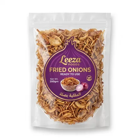 Enhanced Front of Leeza Foods Fried Onions 200g pack showing product and branding