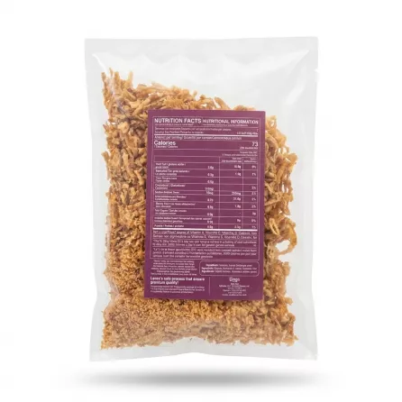 A clear plastic package of golden-brown fried onions, with the purple Leeza Foods nutritional facts label visible and in sharp focus, presented against a clean white background.