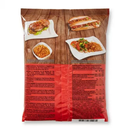 A professional 1:1 e-commerce photograph of the back packaging for Kings Harvest Crispy Fried Onions (400g). The red and brown plastic bag is centrally featured against a clean white background, showcasing use suggestions, ingredients, nutritional information, and other factual details. It is sharply focused under bright studio lighting with soft, even shadows.