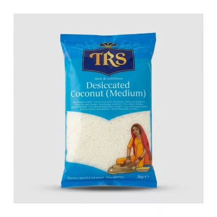 Enhanced Front of TRS Desiccated Coconut Medium 1kg pouch on a grey background