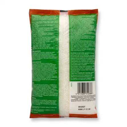 Enhanced Back view of TRS Desiccated Coconut Fine 300g showing nutritional information and ingredients