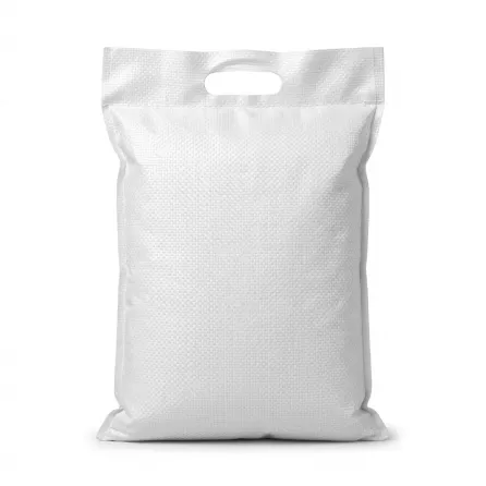 A 5kg bag of Majed Premium Iraqi Rice, shown from the back view, is a white woven plastic sack. It features clean, uniform weaving and integrated handles, presented against a clean white background with a professional studio finish. PRODUCT TITLE: Majed Premium Iraqi Rice (Back View) This image is a professional, high-resolution e-commerce product photograph. The 5kg white woven polypropylene rice sack, as seen from the back, is centrally positioned and perfectly squared within a 1:1 aspect ratio frame, filling approximately 85% of the total area. The sack has been meticulously cleaned, with all original dirt and imperfections (like the small dark specks and a shoe) removed from its surface and the background. The woven texture of the plastic sack is exceptionally clear and defined, retaining its factual appearance. The top integrated handles and all side seals are perfectly preserved and appear clean. The background is a flawless, pure studio white, with all tiled floor elements and extraneous items removed. The product is illuminated by soft, professional studio lighting from a 45-degree angle above, providing uniform light that defines the sack's volume without harsh shadows. A soft, clean contact shadow is cast directly beneath and around the sack on all sides, creating a grounded, professional look. The focus is tack-sharp across the entire product surface. All original text on the sack's back (which was already absent/blank) remains blank.