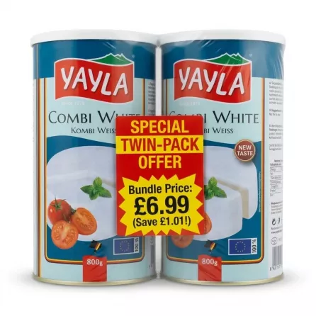Enhanced Enhanced Enhanced Front of Yayla Combi White Cheese 800g tin with special offer label