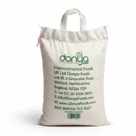 Donya Hashemi Smoked Rice bag back with product info and barcode