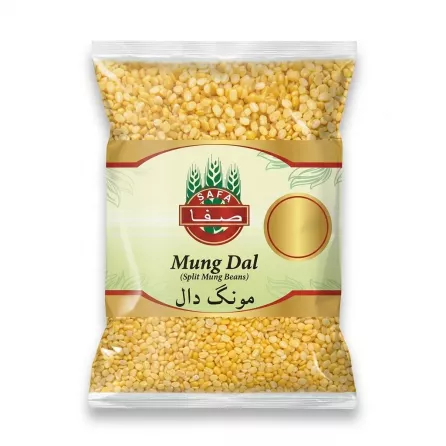 Enhanced Front view of Safa Mung Dal split mung beans in clear packaging with price