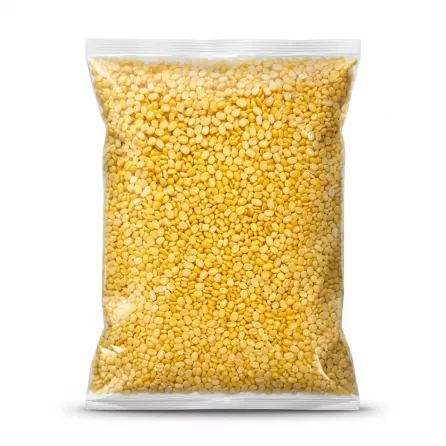 Enhanced Side view of Safa Mung Dal split mung beans in transparent bag