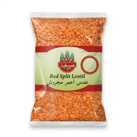 A professional 1:1 e-commerce product photograph showing a single, centered, clear plastic bag of Safa Red Split Lentils (800g), isolated on a pure white background. The clean, front-facing product pack clearly displays the Safa brand logo and bilingual text, with all price stickers and background elements removed, and soft, even studio lighting.