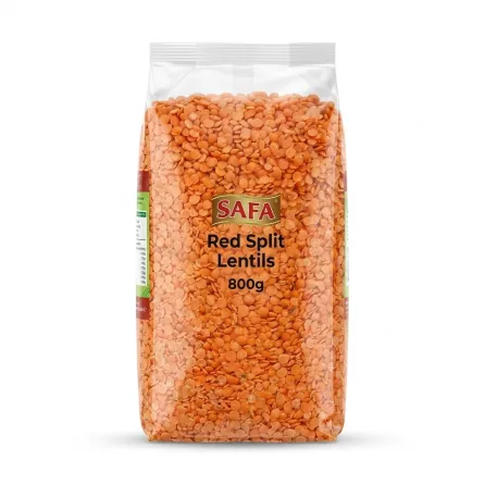 Enhanced Side view of Safa Red Split Lentil 800g bag showing lentils