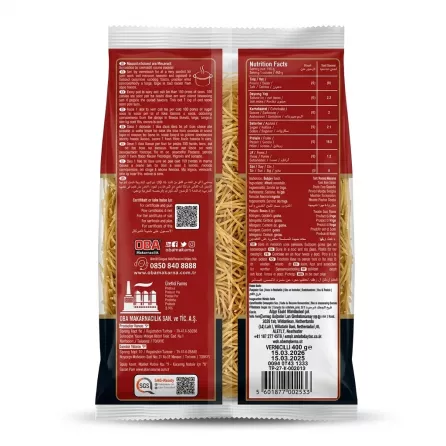 Back view of Oba Makarna Macaroni Vermicelli with nutrition facts and product details