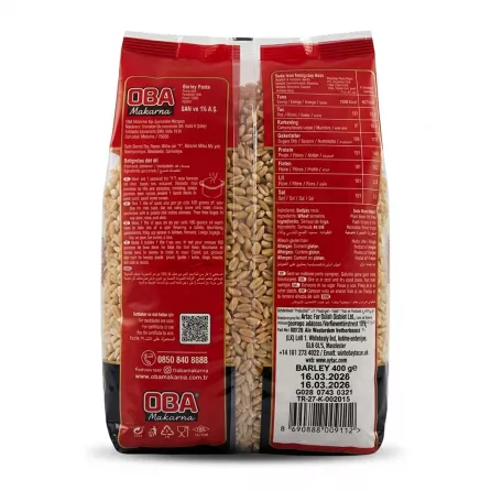 Side and ingredient view of OBA Makarna Macaroni Barley Pasta showing nutritional information