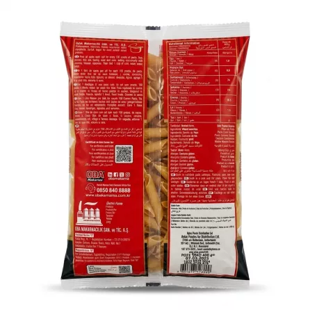 Back of OBA Penne Rigate Macaroni Pasta 400g with preparation and nutritional details