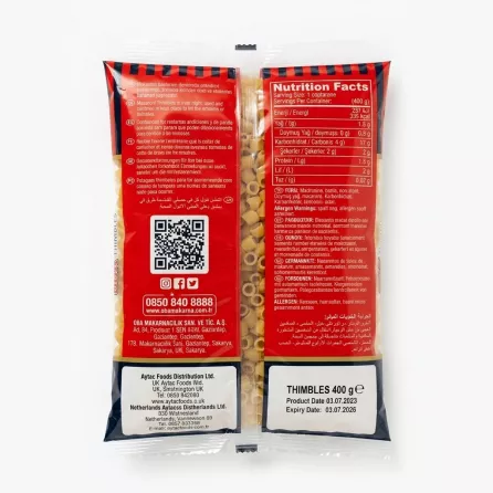 Back of OBA Makarna Macaroni package showing cooking instructions and nutrition