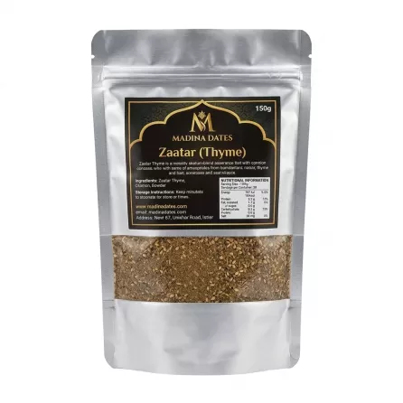 Front of Madina Dates Zaatar Thyme 150g resealable pack with label and window