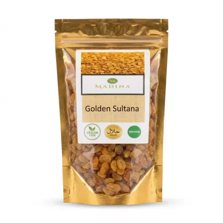 A 200g resealable gold pouch of Madina Golden Sultanas, clearly displaying 'VEGAN 100%', 'HALAL', and 'VEGETARIAN' labels against a solid white background.