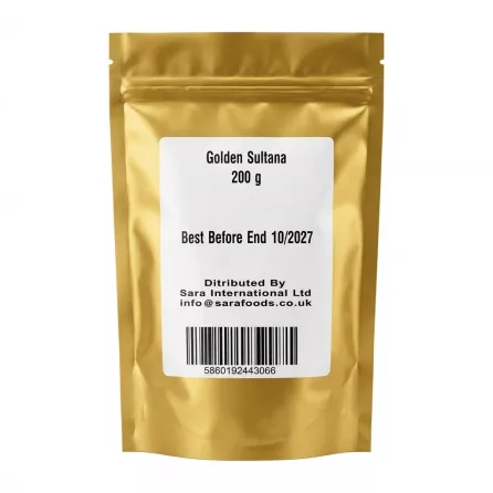 Back of Madina Golden Sultana pouch showing 200g label, best before date, distributor info, and barcode
