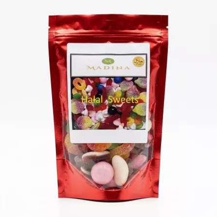 Front of Madina Halal Mixed Sweets 200g in a red resealable pouch with assorted colourful sweets visible.