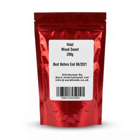 Back of Madina Halal Mixed Sweets 200g pouch showing product details, weight, barcode, and distributor information.