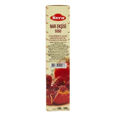 Back of Sera Pomegranate Salad Dressing 680g box with detailed ingredients and barcode