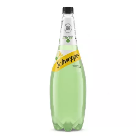 Front view of Schweppes Premium Sparkling Lemon Mint plastic bottle