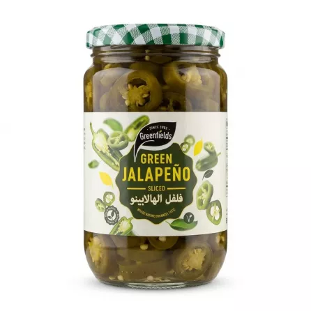 Front view of Greenfields Green Jalapeño Sliced jar with green checkered lid