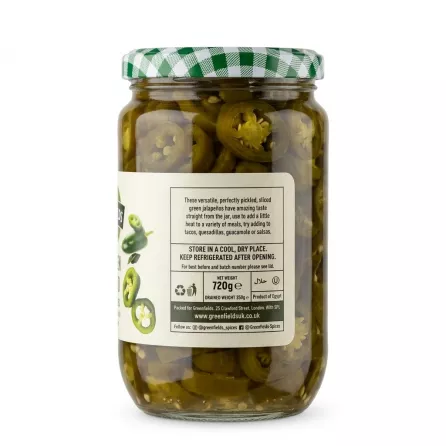 Back view of Greenfields Green Jalapeño Sliced jar displaying usage suggestions and product details