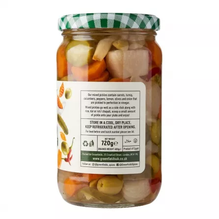 Back label of Greenfields Mixed Pickles jar with ingredients and storage information